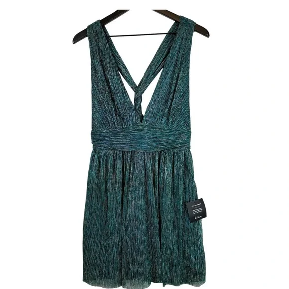 NWT Lulus Teal Blue Gold Shimmer Mini Skater Dress - Size L - Picture 2 of 6